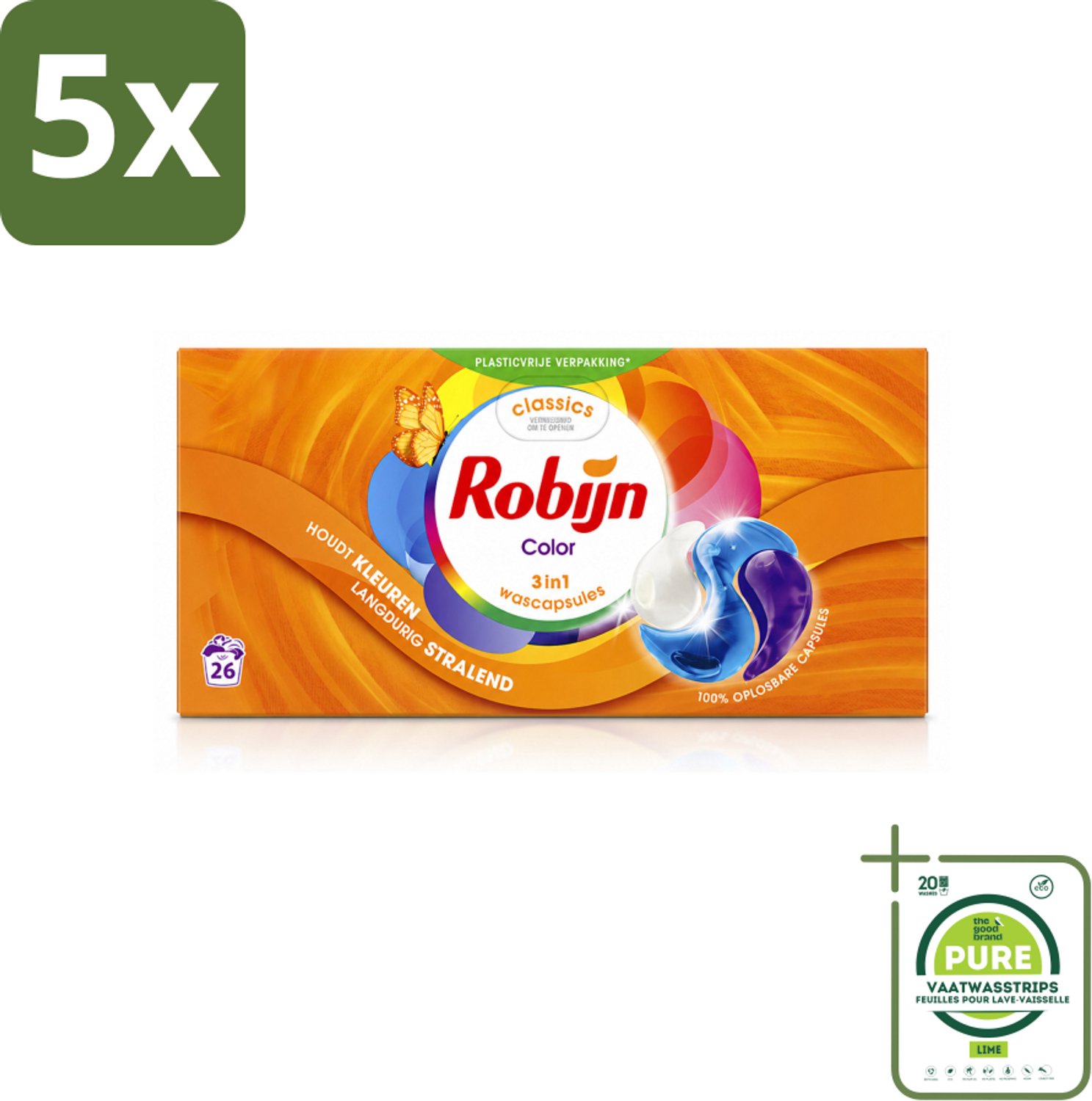 5 x Robijn – 3-in-1 Wascapsules – Color - 26 Capsules - Grootverpakking - Vaatwasstrips - Kleurverzorging - Wascapsules - Wasgeur - Wasverzachter - Kleurbehoud