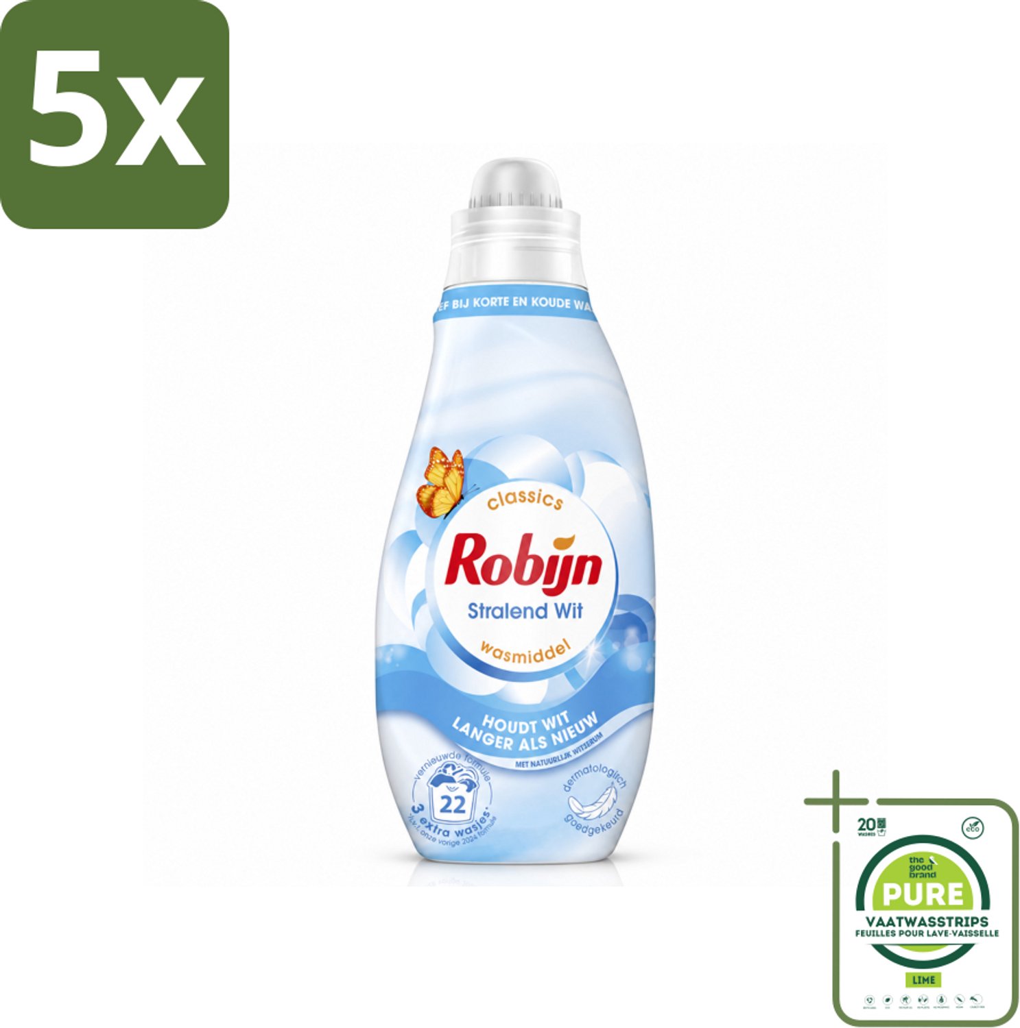 5 x Robijn – Vloeibaar Wasmiddel – Klein & Krachtig Classics Stralend Wit - 665 ml - Grootverpakking - Vaatwasstrips - Wit Wasmiddel - Wit En Licht Was - Wasmiddel Voor Wit - Wasmiddel Tegen Vergeling - Koud Wasmiddel