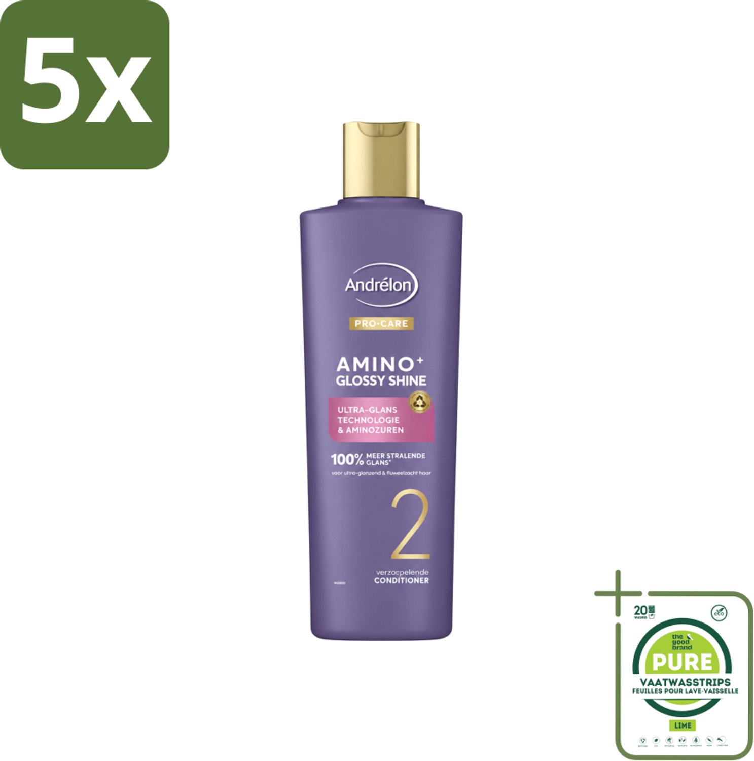 5 x Andrélon – Conditioner – Pro Care Amino+ Glossy Shine – 250 ml - Grootverpakking - Vaatwasstrips - Haar Glans - Aminozuren - Zijdezacht Haar - Spiegelachtige Glans - Zachter Haar