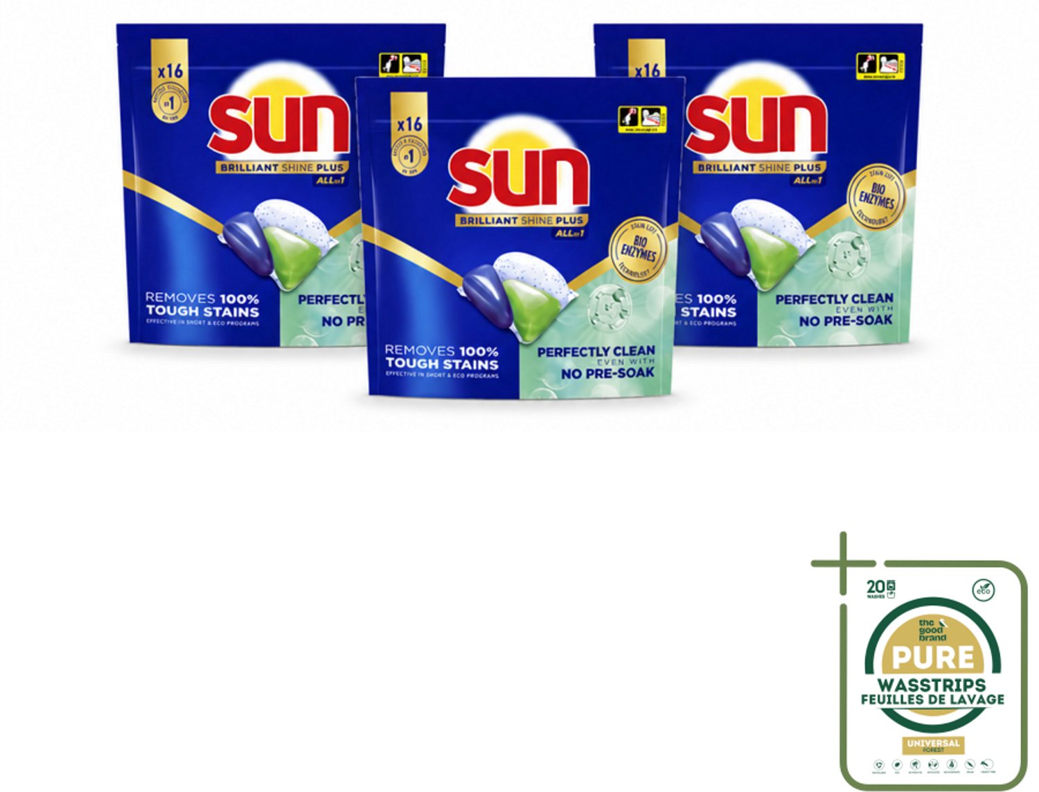 3 x Sun – Vaatwascapsules – Brilliant Shine+ All-in-1 – 16 capsules - Wasstrips - Vaatwasmiddel - Vaatwascapsules - Schone Vaat - Glans - Droge Vaat