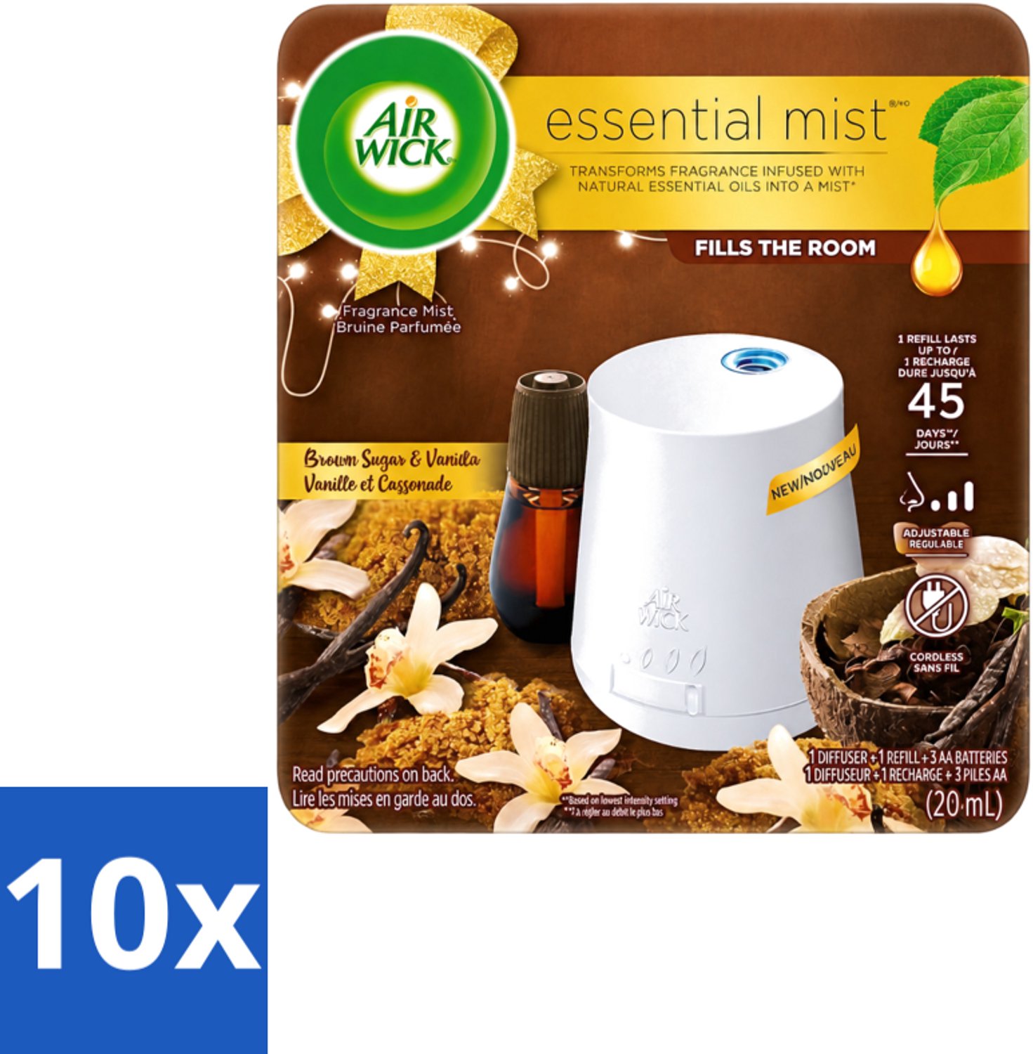 10 x Air Wick Essential Mist - Elektrische Geurverspreider - Starterkit - Vanille & Bruine Suiker - 20ml - Voordeelverpakking - 10 stuks