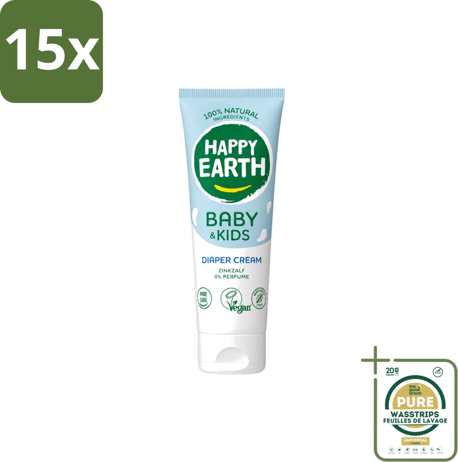 15 x Happy Earth – Diaper Cream – 100% Natuurlijk Baby & Kids – 75 ml - Wasstrips - Babybillen Crème - Luieruitslag Voorkomen - Gevoelige Huid - Zink Oxide Crème - Natuurlijke Crème