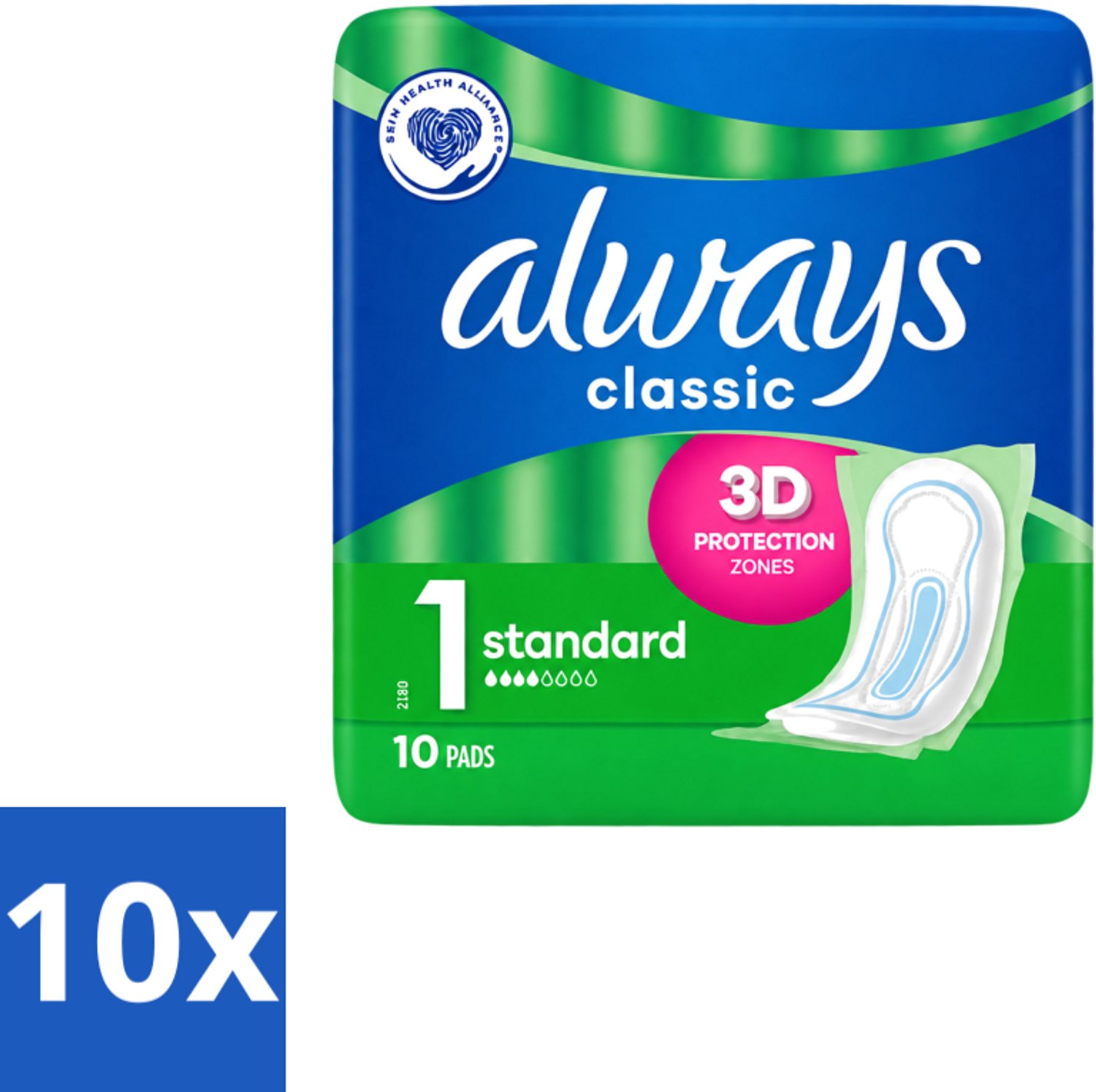 10 x Always Classic - Maandverband - Standaard - 3D Bescherming - 10 Maandverbandjes - Voordeelverpakking - 10 stuks