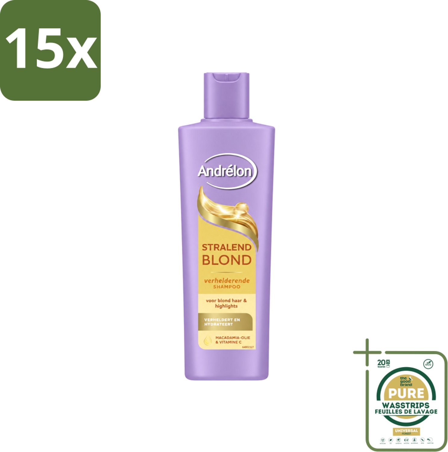15 x Andrélon – Shampoo – Stralend Blond – 250 ml - Wasstrips - Blond Haar Verzorgen - Glanzend Blond Haar - Blond Haar Verlichten - Blond Haar Hydrateren - Vitamine C Voor Haar