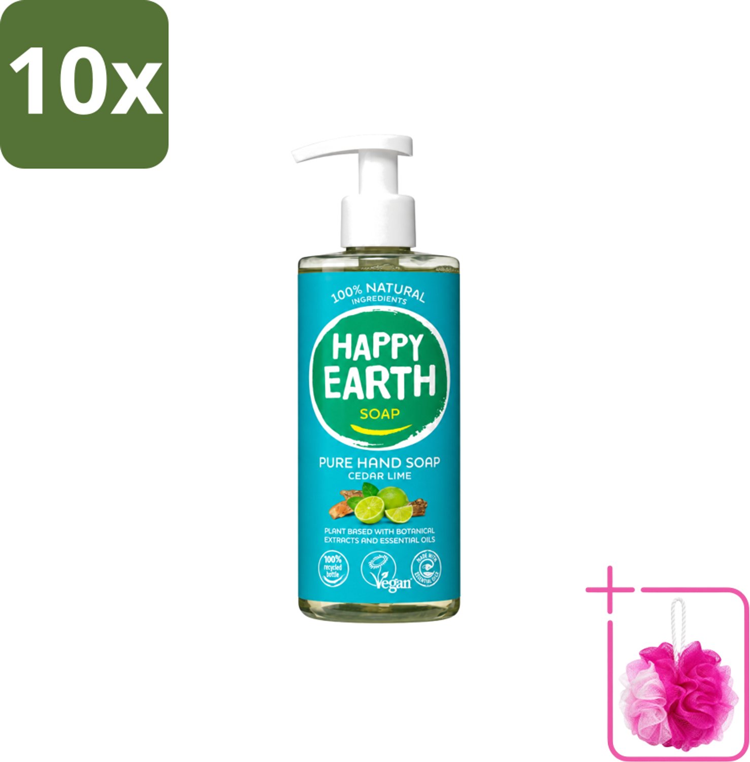 10 x Happy Earth – Handzeep – 100% Natuurlijk Cedar Lime – 300 ml - Bulkverpakking - Natuurlijke handzeep - Douchemop - Vegan handzeep