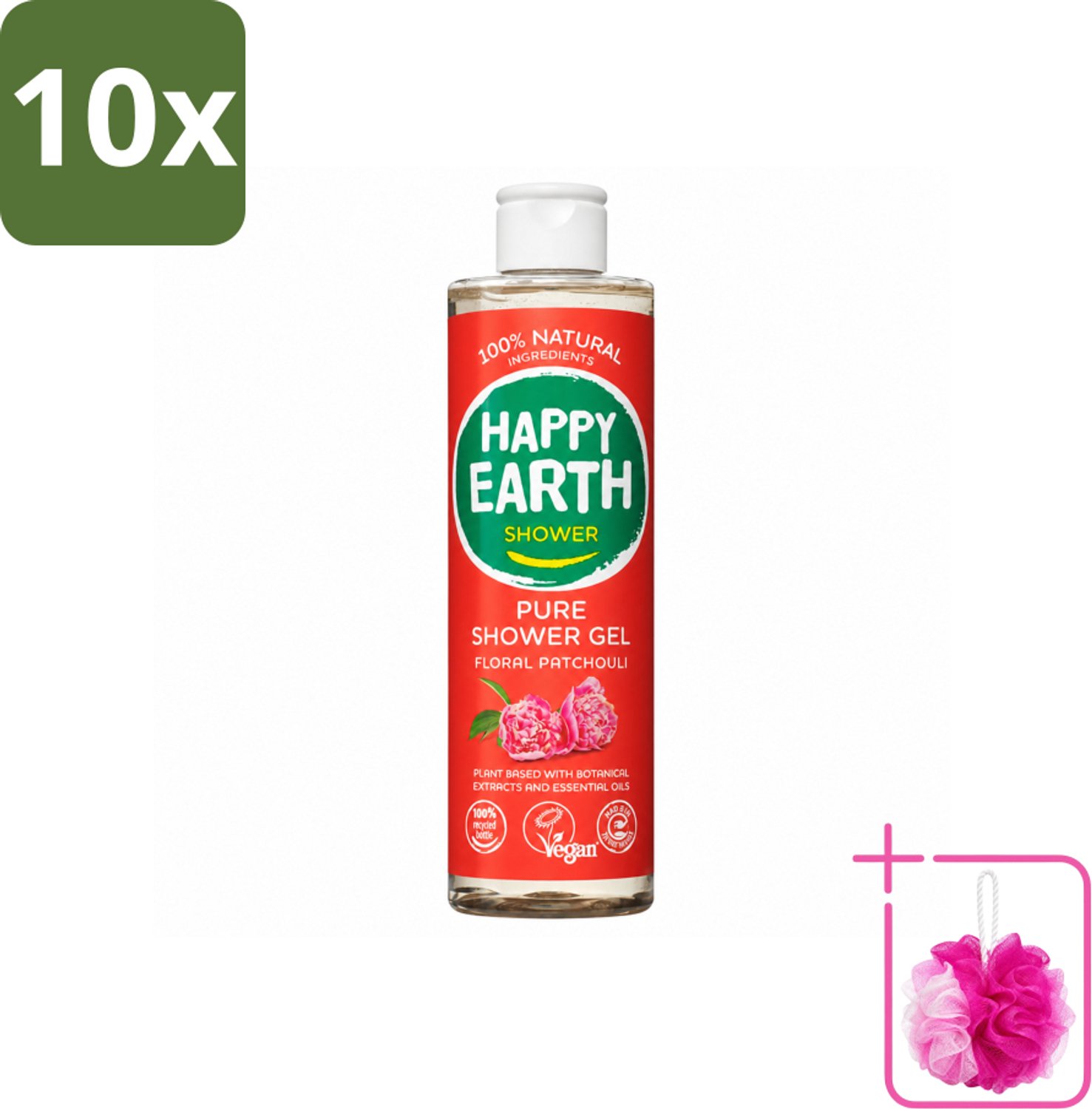 10 x Happy Earth – Douchegel – 100% Natuurlijk Floral Patchouli – 300 ml - Bulkverpakking - Douchegel - Douchemop - Natuurlijke douchegel