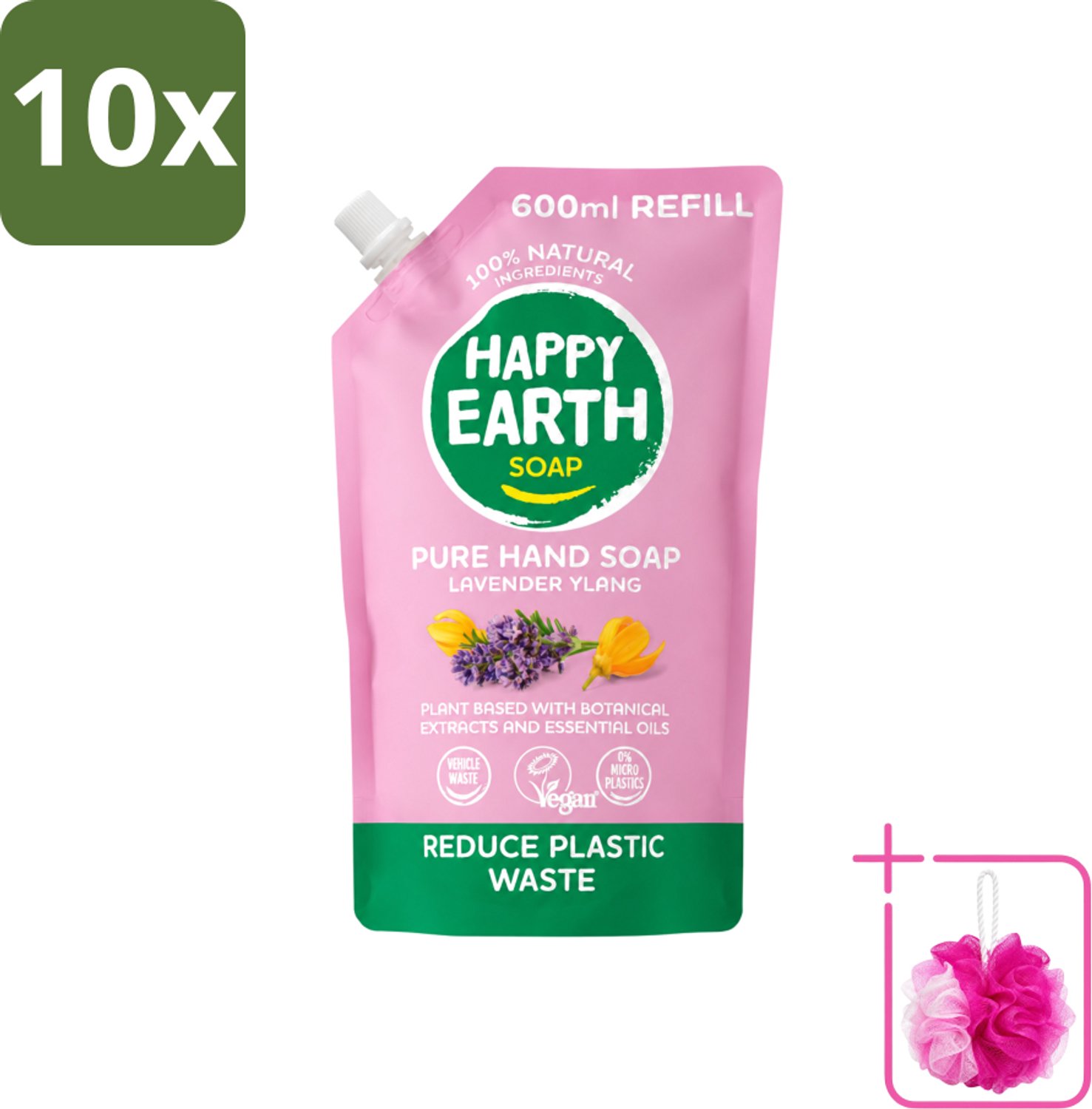 10 x Happy Earth – Handzeep Navulling – 100% Natuurlijk Lavender Ylang – 600 ml - Bulkverpakking - Natuurlijke handzeep - Douchemop - Navulverpakking