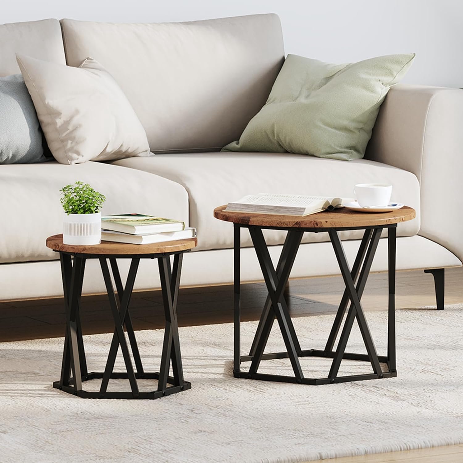 Ronde salontafels set van 2 van oud hout met metalen frame, stabiele bijzettafels voor woonkamer, hittebestendig oppervlak en geometrisch design, ideaal