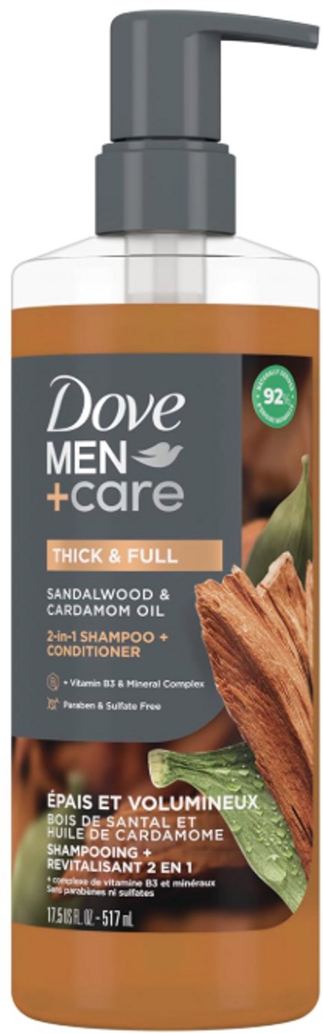 Dove Men+Care 2-in-1 Shampoo + Conditioner Sandalwood & Cardamom 517ml – Thick & Full – Met Vitamine B3 & Mineral Complex – Sulfaatvrij