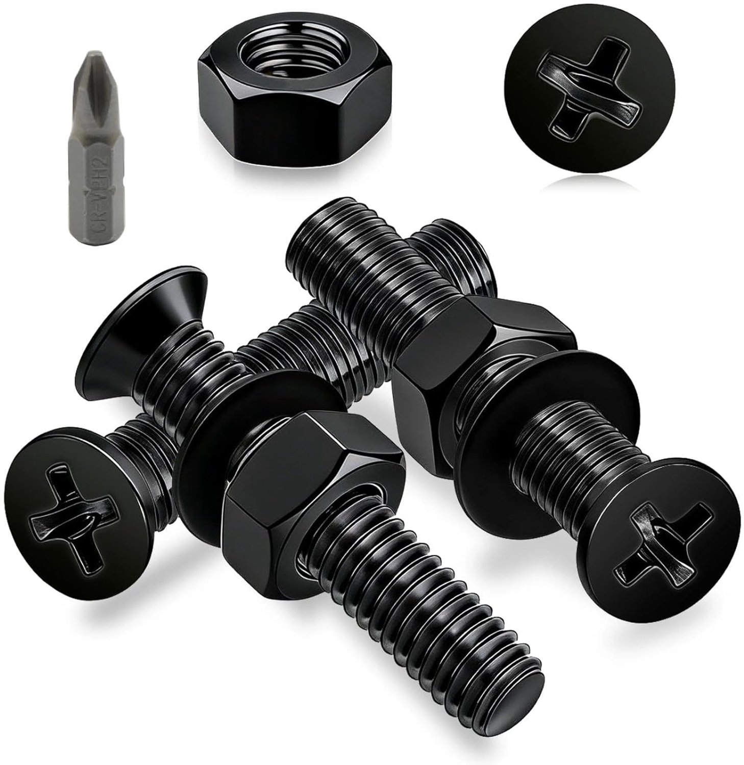 Kopschroeven, M5 kruiskop, 50 stuks, M5 x 20 mm, schroeven, zwart, platte kopschroeven, koolstofstaal, verzonken schroeven, schroefdraadschroeven met moeren en sluitringen voor
