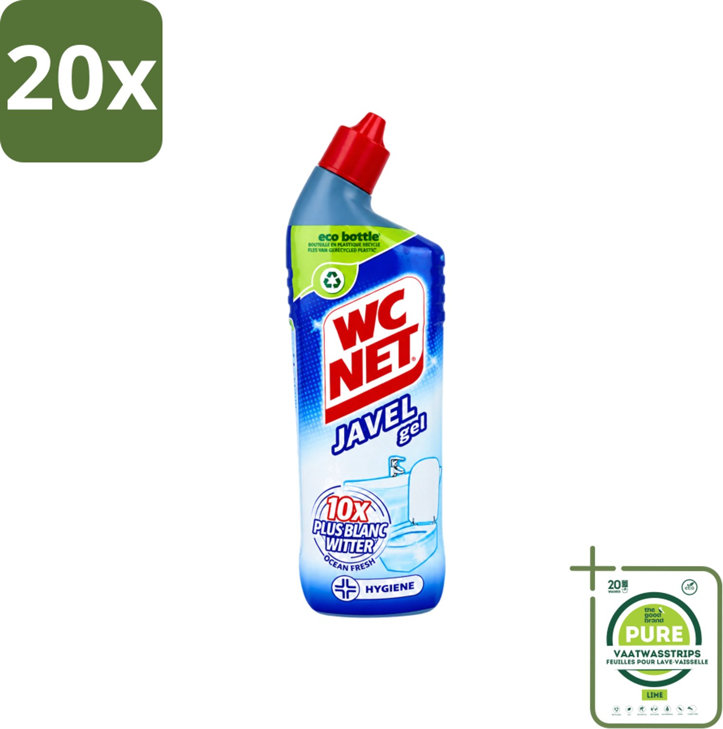 20 x WC Net - Toiletreiniger - Gel - Ocean Fresh - Gerecycled Materiaal - 750 ml - Grootverpakking - Vaatwasstrips - WC Net Gel - Toilet Reiniger - Toilet Reinigen - Toilet Reiniger Gel - Instant White Toilet