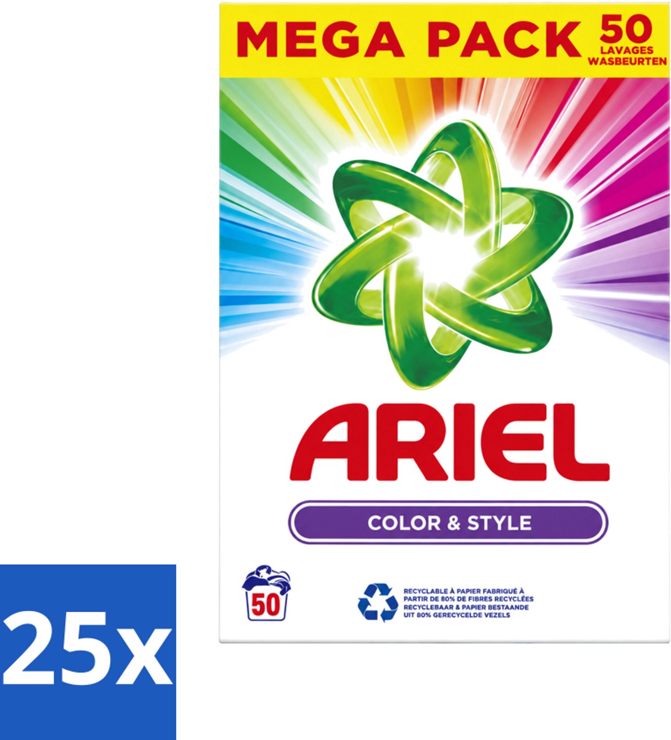 25 x Ariel Color & Style - Waspoeder - Gekleurde Was - 50 Wasbeurten - Voordeelverpakking - 25 stuks