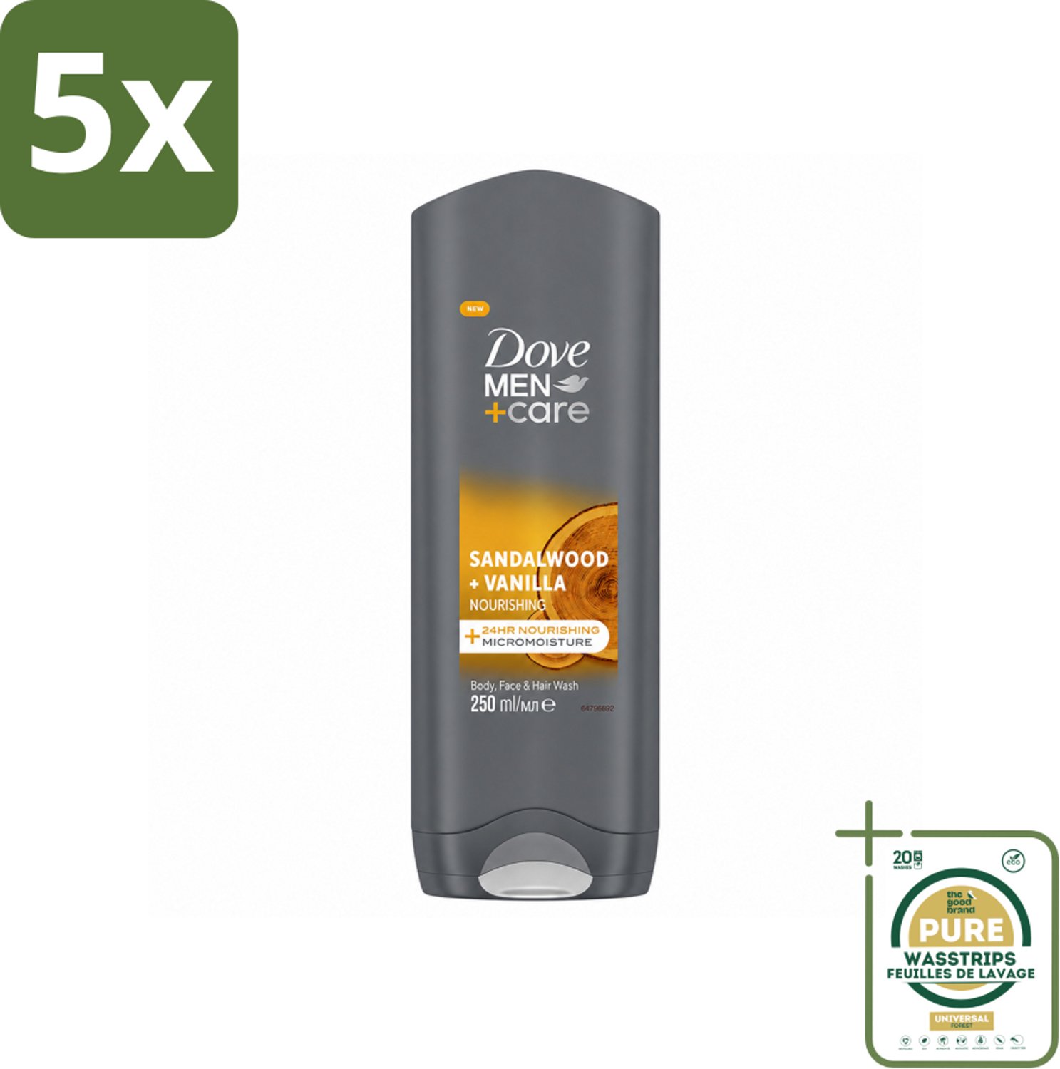 5 x Dove – Douchegel – Men+Care Sandalwood & Vanilla – 250 ml - Wasstrips - Douchegel Mannen - Huid Verzorging - Mannelijke Huid - Hydraterende Douchegel - Douchegel Voor Mannen