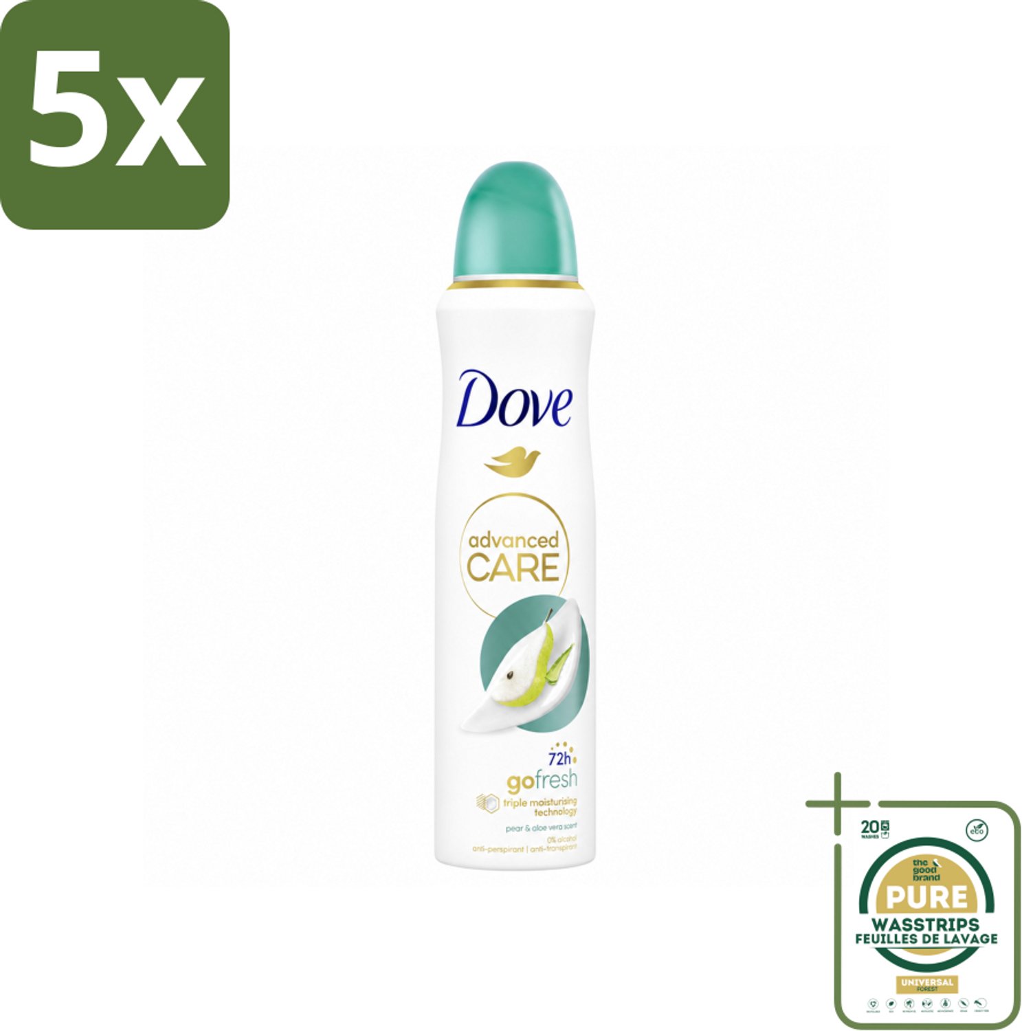 5 x Dove – Deodorant Spray – Peer & Aloe Vera – 150 ml - Wasstrips - Anti-transpirant Spray - Zweetvermindering - Deodorant Spray - Peer En Aloë Vera - Huidbescherming
