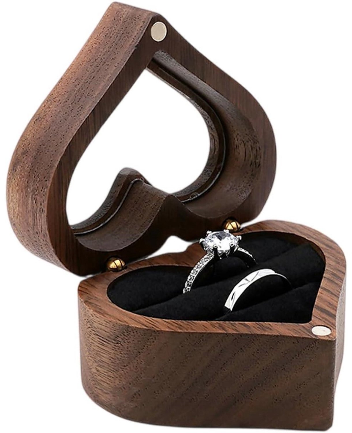 SSTRWGOOD Houten ringdoosje in hartvorm – Notenhout – Zwarte fluwelen voering – Trouwringdoosje – Geschikt voor huwelijksaanzoeken, bruiloften en verlovingen (Geschikt voor ringen, oorbellen of sieraden)
