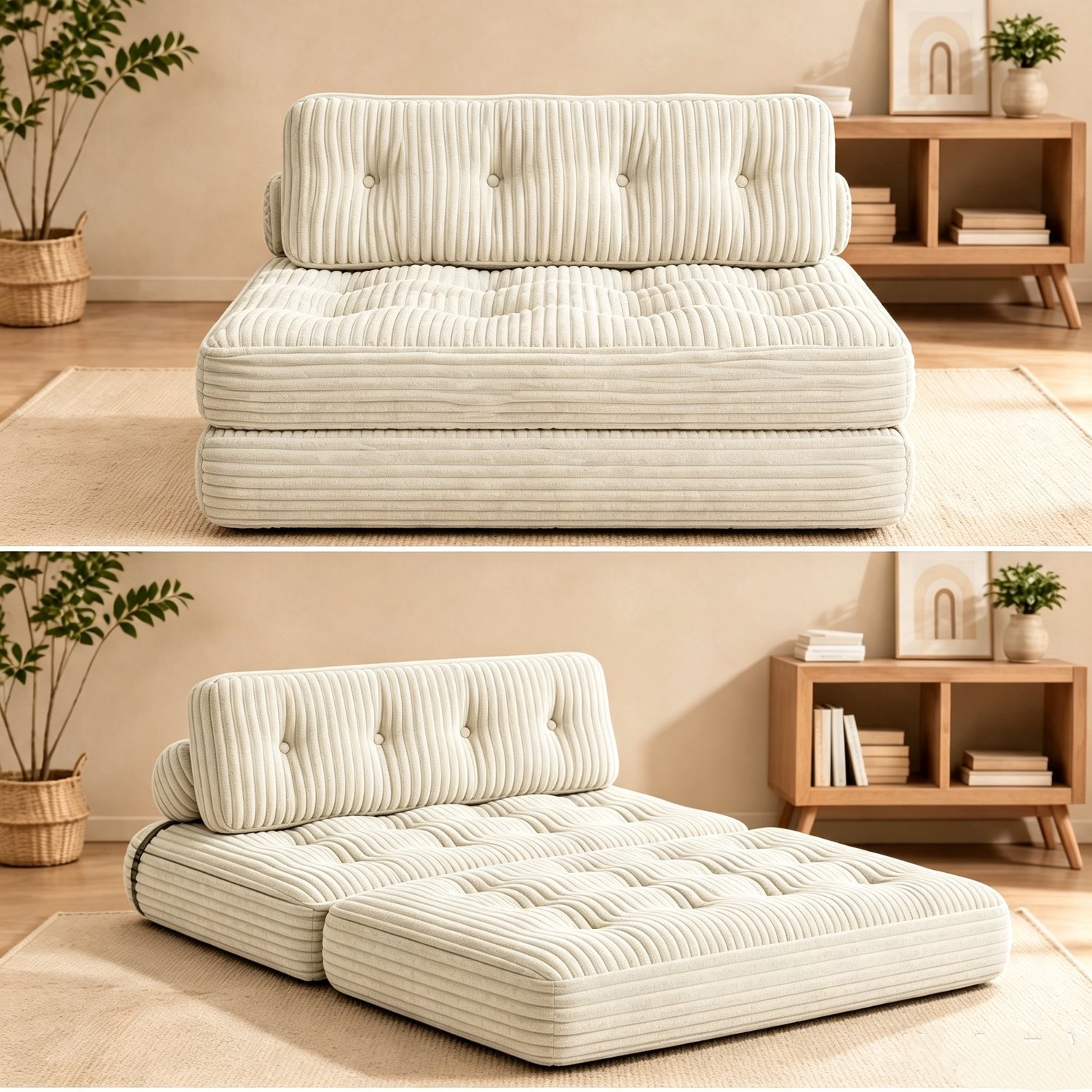 Xbro Slaapbank 2 Persoons – Geen Montage Nodig – 2-in-1 Uitklapbaar Logeerbed voor Kleine Ruimtes – Corduroy – Wit