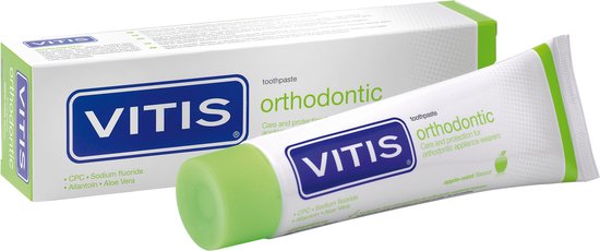 VITIS Orthodontic tandpasta tube en verpakking. Wit met groene en blauwe accenten. Apple-mint smaak.