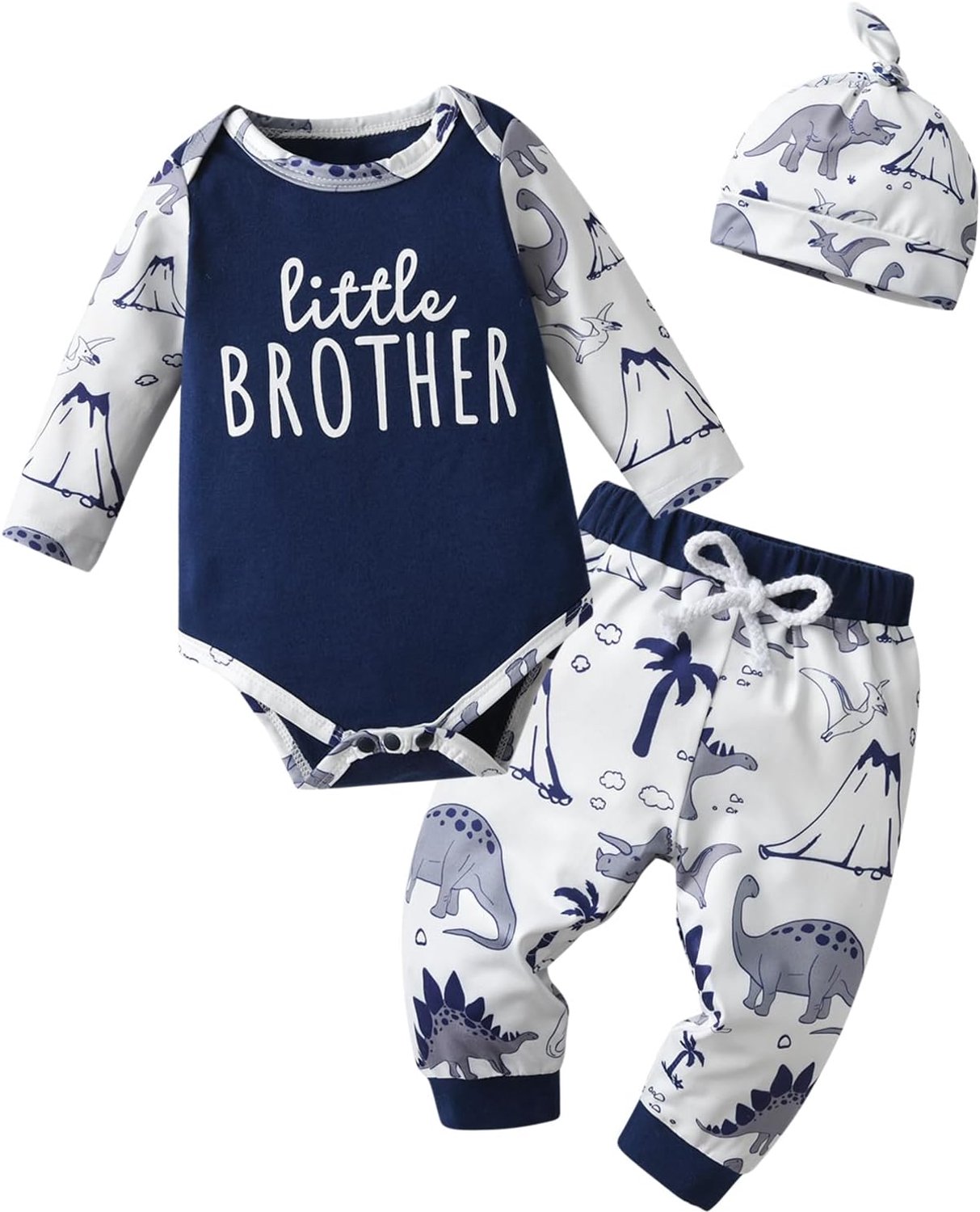 Jongens set: lange mouwen, romper, broek en muts 3-delig