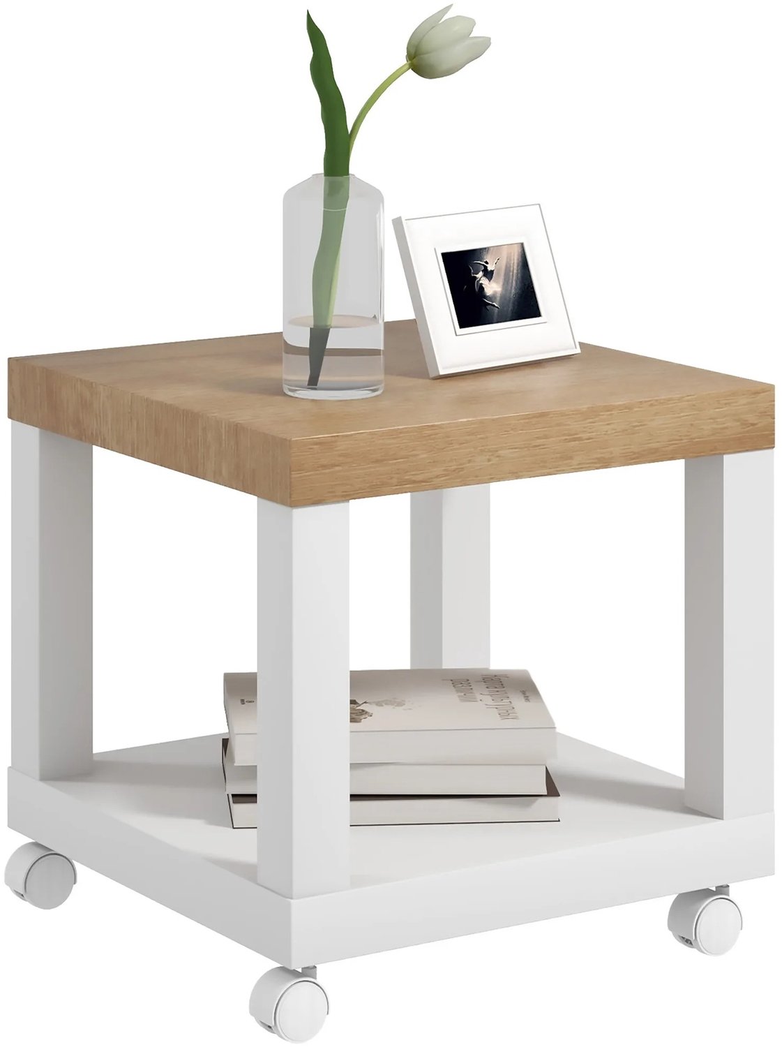 Atlasyx bijzettafel - Houten - Klein bijzettafeltje - Met opbergruimte - Vierkant - 4 zwenkwielen - 40 x 40 x 40 cm - Naturel/wit Naturel/eiken en wit