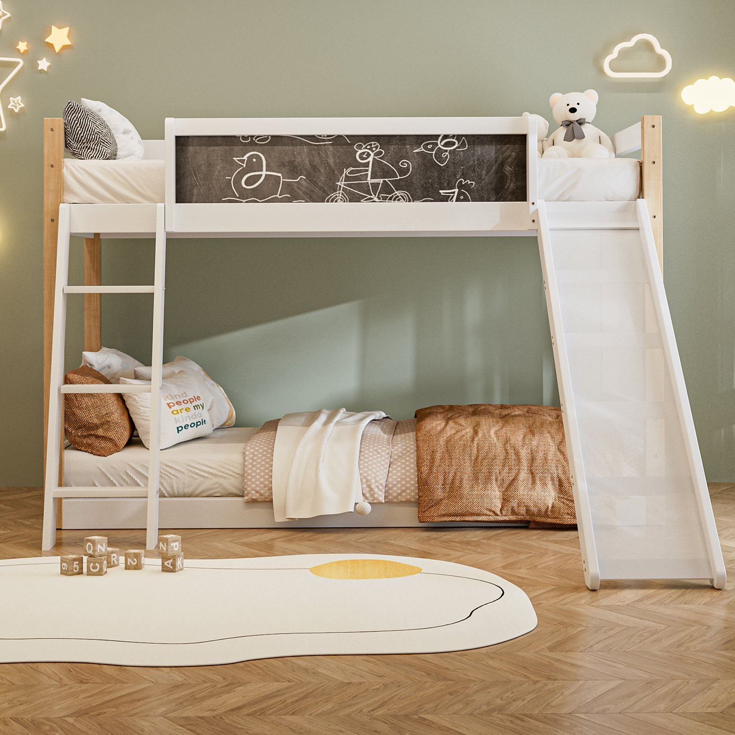 MUVANO Stapelbed voor kinderen met glijbaan en trap - houten bedframe met veiligheidshekken - voor matrassen van 90x200 en 90x190 cm - slaapkamer wit