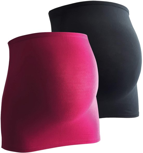 Set van twee zachte buikbanden voor zwangerschap in magenta en zwart, gemaakt van rekbare viscose-elastaan.