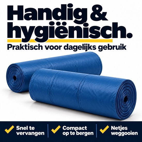 Twee rollen blauwe afvalzakken van T50-kwaliteit, handig en hygiënisch voor dagelijks gebruik.