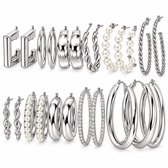 12 Paar Zilverkleurige Oorbellen Set voor Dames – Mix van Hoepels, Geometrische Designs, Parel-look en Gedraaide Accenten