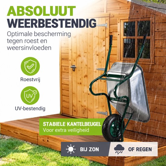 Roest- en UV-bestendige kruiwagen, groen frame met zilveren bak, weerbestendig bij zon en regen.