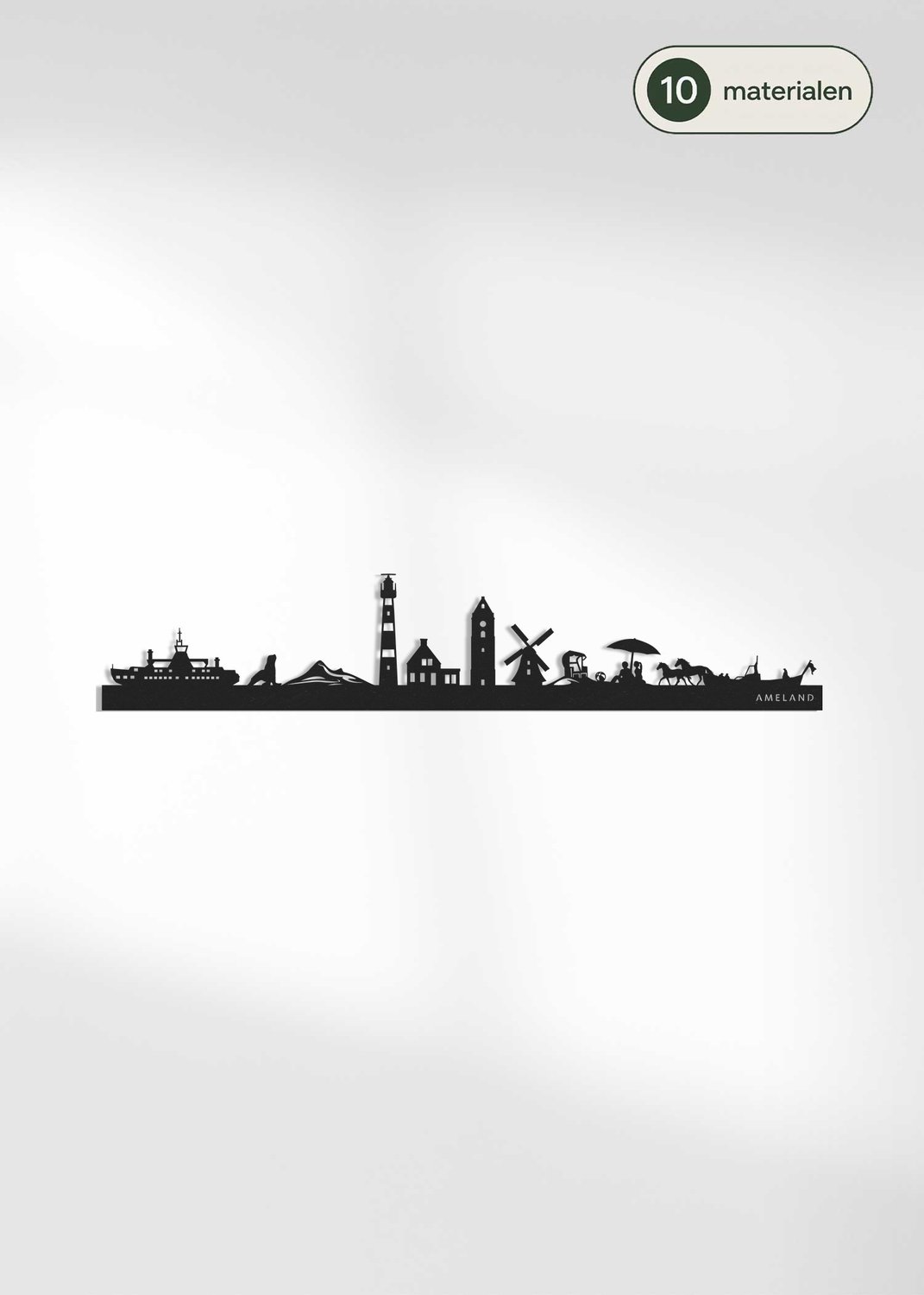 Houten Skyline Ameland | Wanddecoratie voor aan de muur | Zwart MDF | 70 x 14 cm