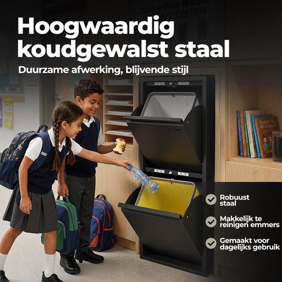 Twee kinderen in schooluniform gooien afval in een zwarte, dubbele Veehaus prullenbak met witte en gele binnenemmers.