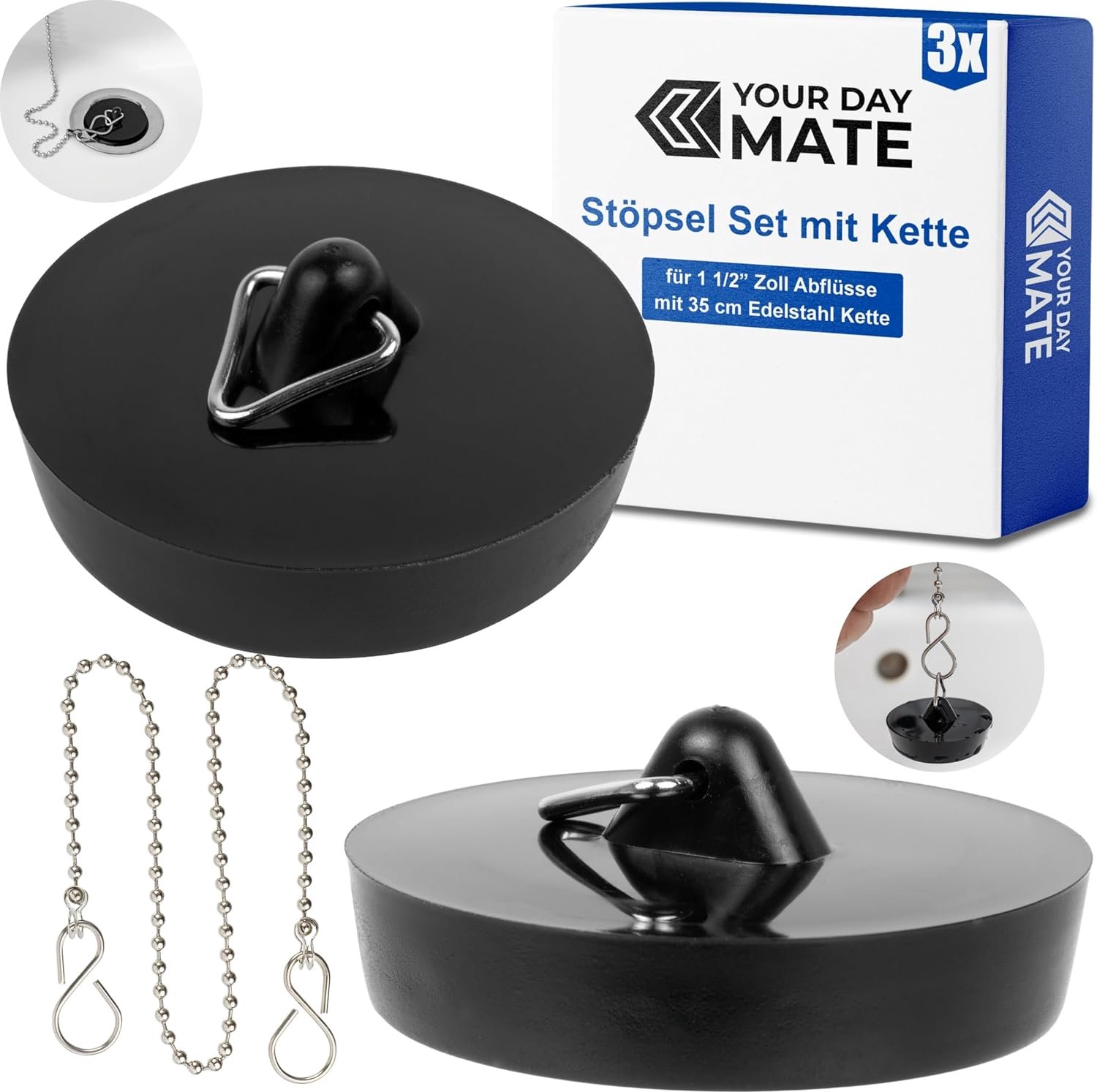 Afvoerplug Ø 41-36 mm - Flexibel PVC - Met ketting en S-haak - Geschikt voor 1 1/2" inch afvoeren - 2 stuks - ServiceTopper
