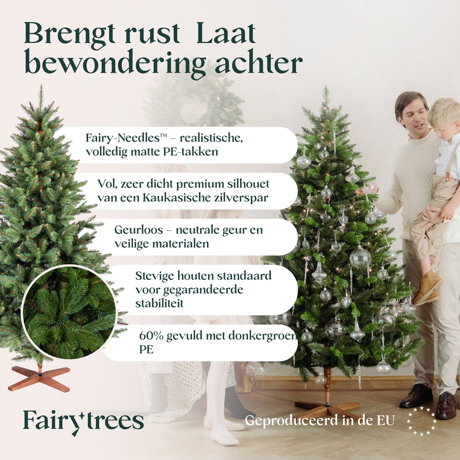 FAIRYTREES Kunstkerstboom 150 cm met PE-takken, Donkergroen, Nordmann-spar Handgemaakt in Europa, Testwinnaar, Kleine en Realistische Kerstboom met Houten Standaard, Model FT29 – foto 6