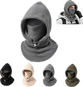3-in-1 Dubbellaagse Fleece Muts - Warm & Veelzijdig voor Buitenactiviteiten - Sjaal & Gezichtsmasker - Skimasker / Bivakmuts - Verstelbaar - met Capuchon en Volledig Gezichtsmasker - one size - Unisex Wintercadeau - grijs