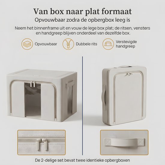 Opvouwbare beige opbergbox met dubbele rits, vensters en handgrepen, zowel in gebruik als plat opgevouwen getoond.