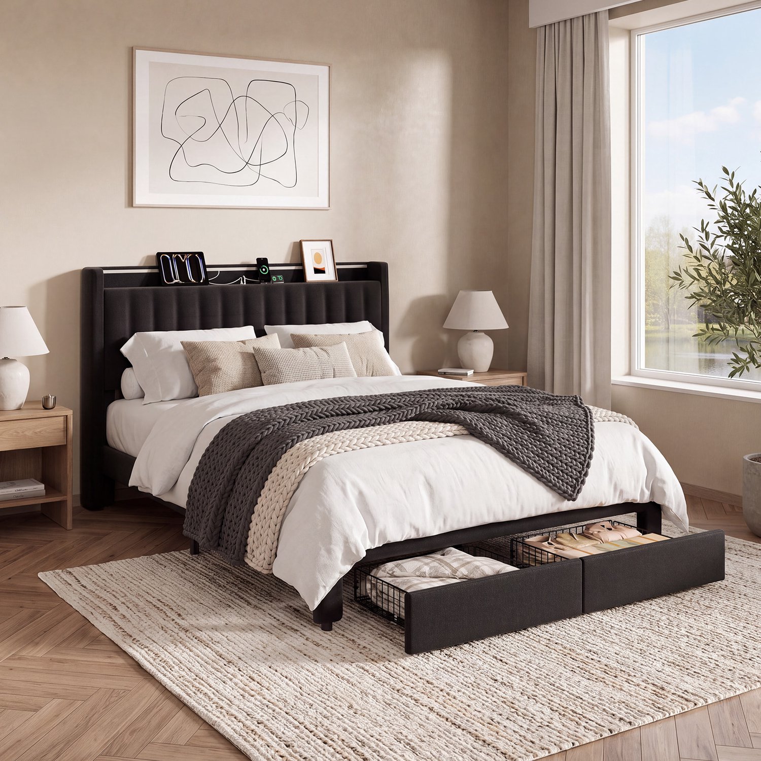 KUTAS 2 Persoons Bed 140x190 cm - Tweepersoonsbed met Opberglades - Met Hoofdbord en Lattenbodem - LED-verlichting - USB-A & USB-C Oplaadpoorten - Geluidsarm & Antislip - Draagkracht 500 kg - Zwart