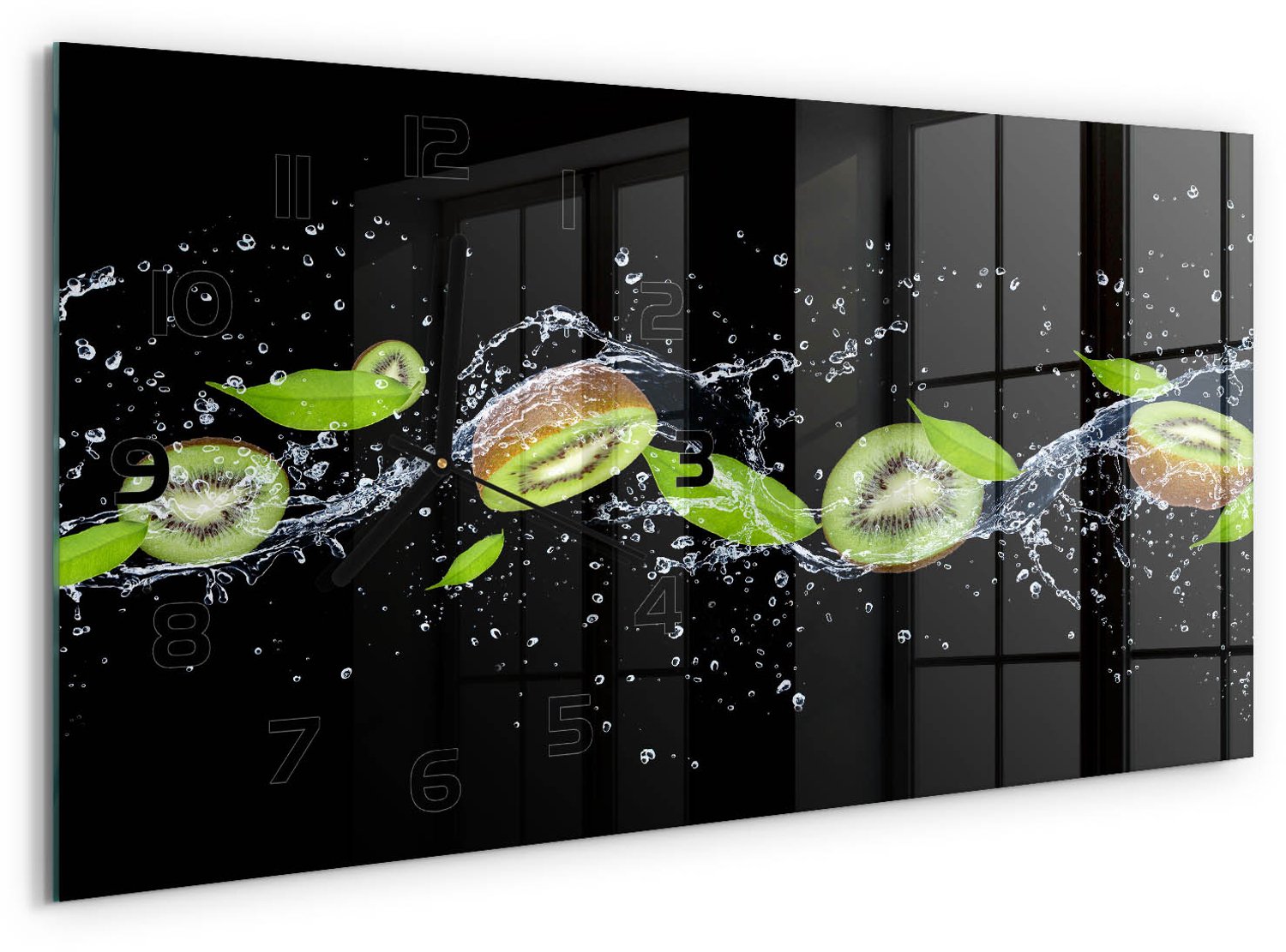 TULUP Wandklok - Kiwi en water Klok Glas Met Opdruk - 60x30 cm - Groente Moderne Wandklok Glas - Zwarte handen - Rechthoekige Klok - Decoratieve Glazen Klok - Glazen Wandklok Design