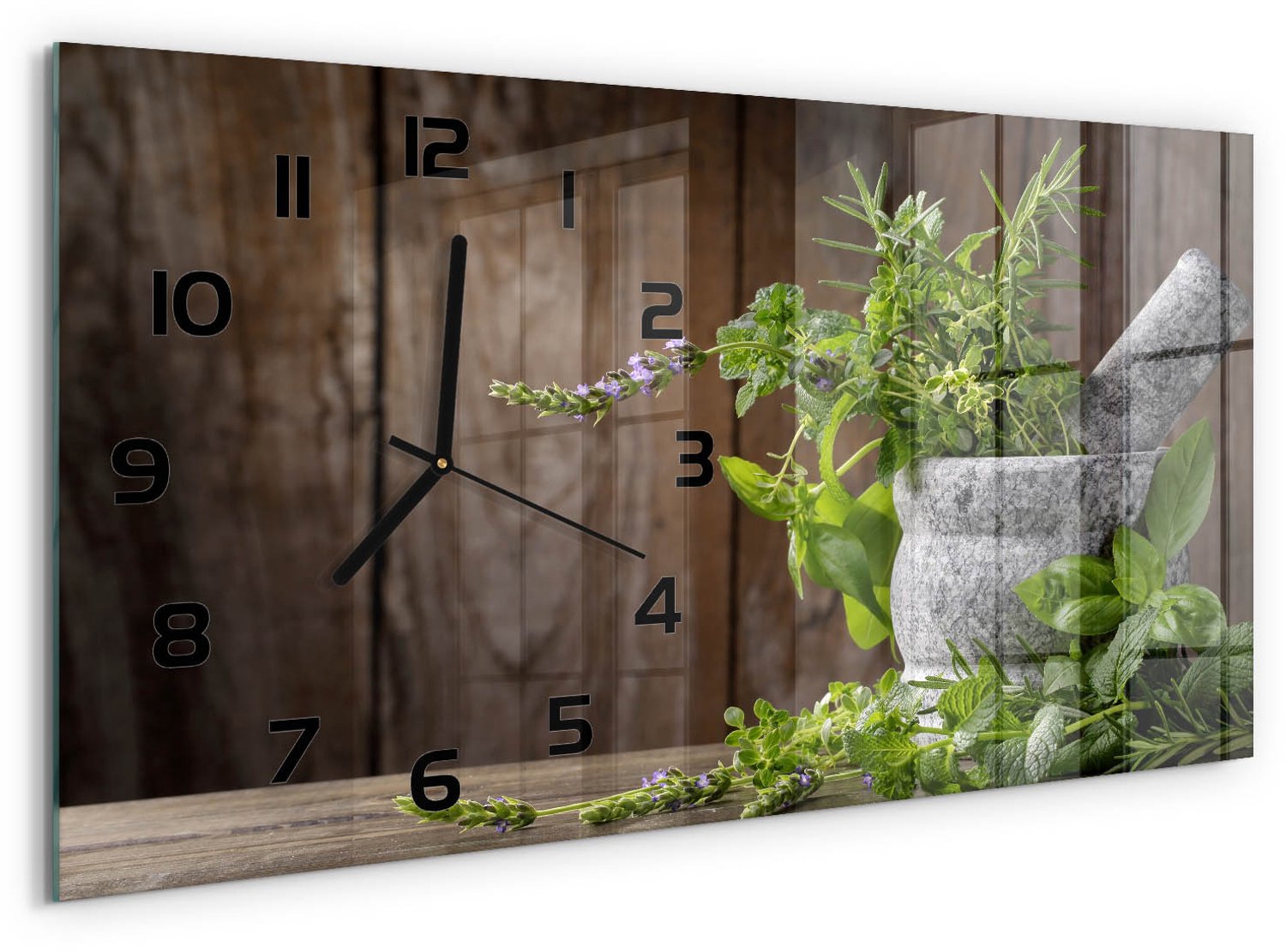 TULUP Wandklok - Kruiden in een vijzel Decoratieve Glazen Klok - 60x30 cm - Groente Glazen Wandklok Design - Zwarte handen - Rechthoekige Klok - Glazen Klok Met Print - Wandklok Glas Met Motief