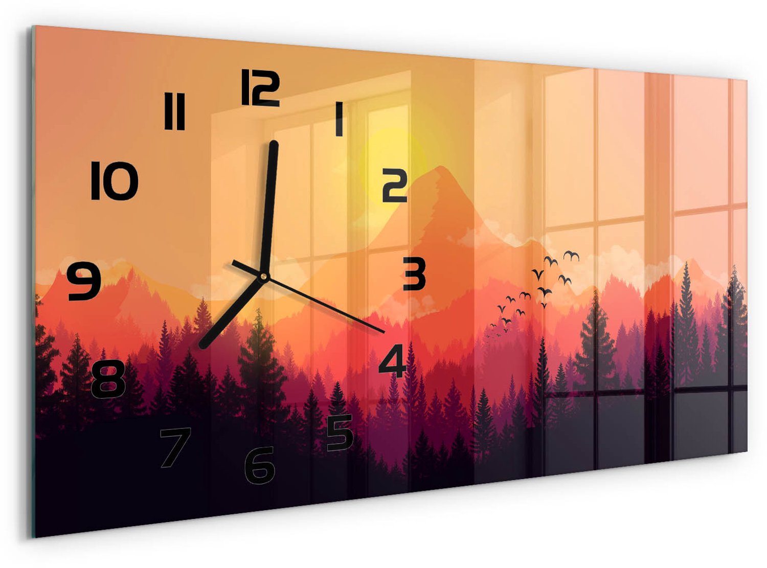 TULUP Wandklok - Berglandschap Glazen Wandklok Design - 60x30 cm - Oranje Klok Glas Met Opdruk - Zwarte handen - Rechthoekige Klok - Wandklok Glas Met Motief - Decoratieve Glazen Klok