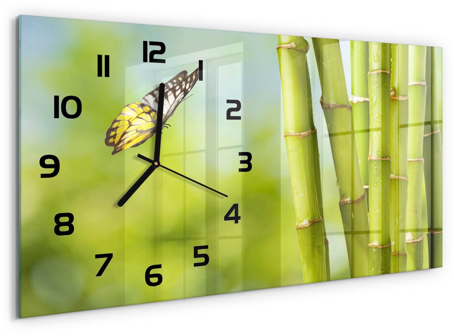 TULUP Wandklok - Bamboe en vlinder Klok Glas Met Opdruk - 60x30 cm - Groente Moderne Wandklok Glas - Zwarte handen - Rechthoekige Klok - Decoratieve Glazen Klok - Glazen Wandklok Design