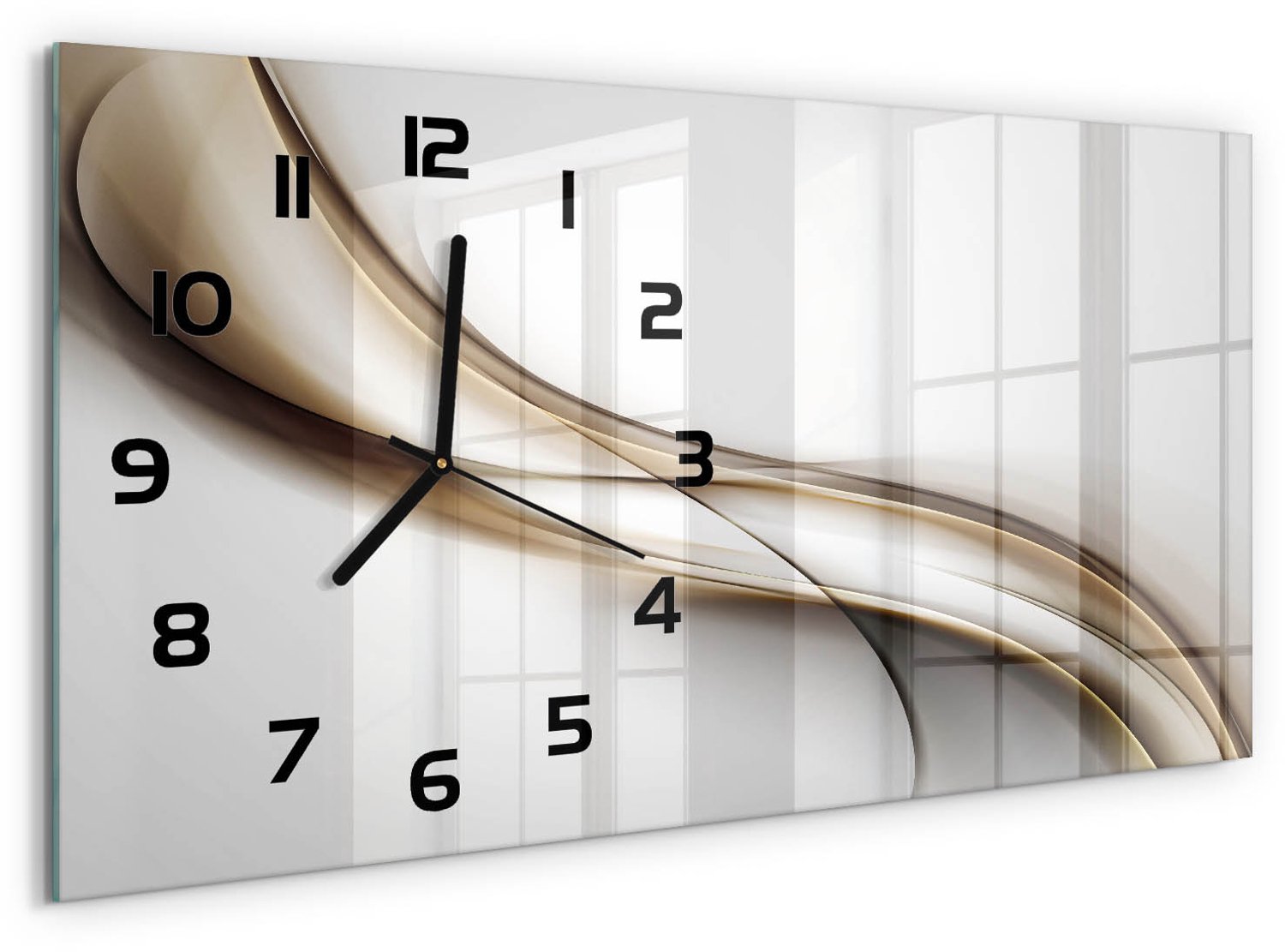 TULUP Wandklok - Bruine golf Gekleurde Glazen Klok - 60x30 cm - Beige Glazen Klok Met Print - Zwarte handen - Rechthoekige Klok - Moderne Wandklok Glas - Wandklok Glas Decoratie