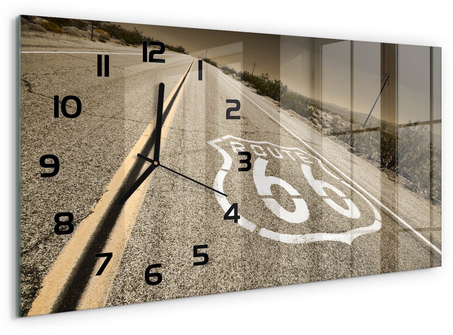 TULUP Wandklok - Een straat in Californië Glazen Klok Met Print - 60x30 cm - Beige Wandklok Glas Met Motief - Zwarte handen - Rechthoekige Klok - Wandklok Glas Decoratie - Gekleurde Glazen Klok