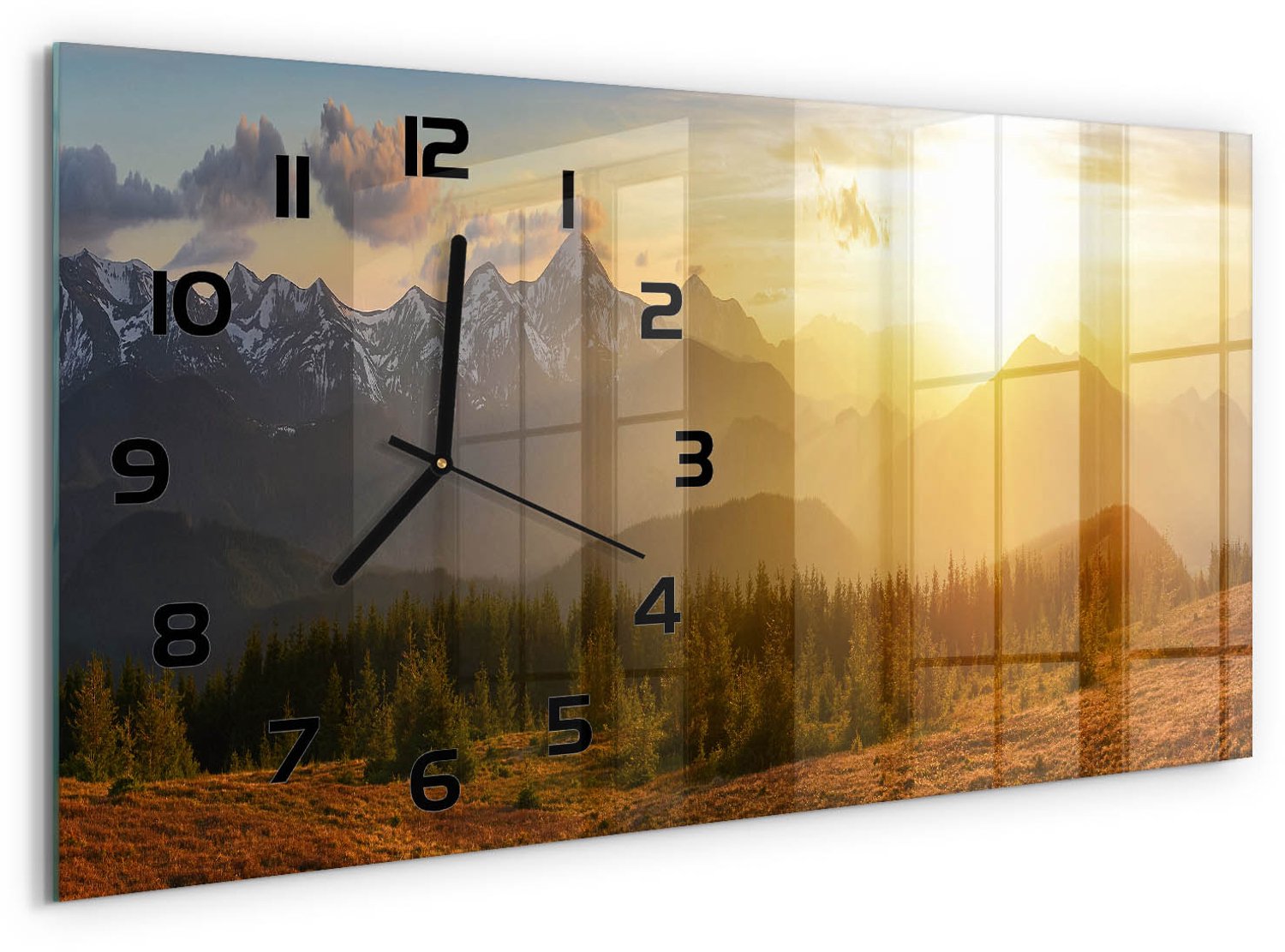 TULUP Wandklok - Bergen bij zonsondergang Decoratieve Glazen Klok - 60x30 cm - Geel Glazen Wandklok Design - Zwarte handen - Rechthoekige Klok - Glazen Klok Met Print - Wandklok Glas Met Motief