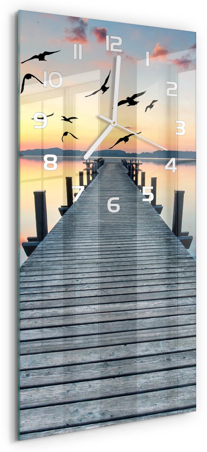 Tulup Wandklok - Houten brug Moderne Wandklok Glas - 30x60 cm - Blauw Wandklok Glas Decoratie - Witte handen - Rechthoekige Klok - Glazen Wandklok Design - Klok Glas Met Opdruk