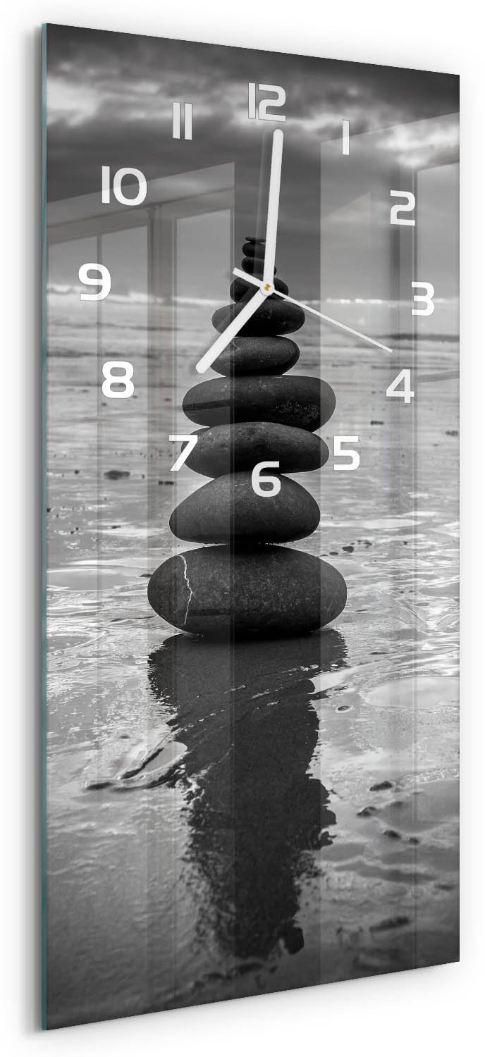 Tulup Wandklok - Balancerende stenen Moderne Wandklok Glas - 30x60 cm - Zwart-wit Wandklok Glas Decoratie - Witte handen - Rechthoekige Klok - Glazen Wandklok Design - Klok Glas Met Opdruk