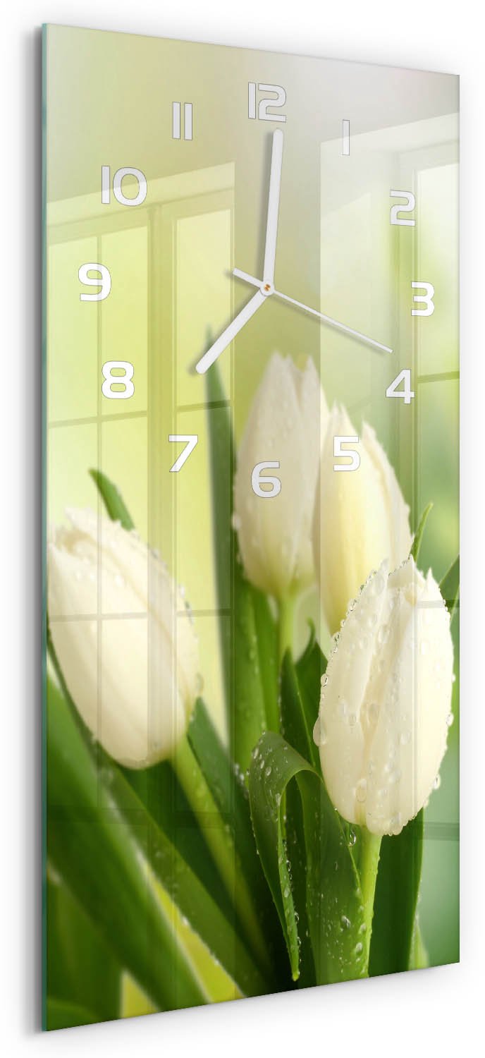Tulup Wandklok - Witte tulpen Glazen Wandklok Design - 30x60 cm - Groente Klok Glas Met Opdruk - Witte handen - Rechthoekige Klok - Wandklok Glas Met Motief - Decoratieve Glazen Klok