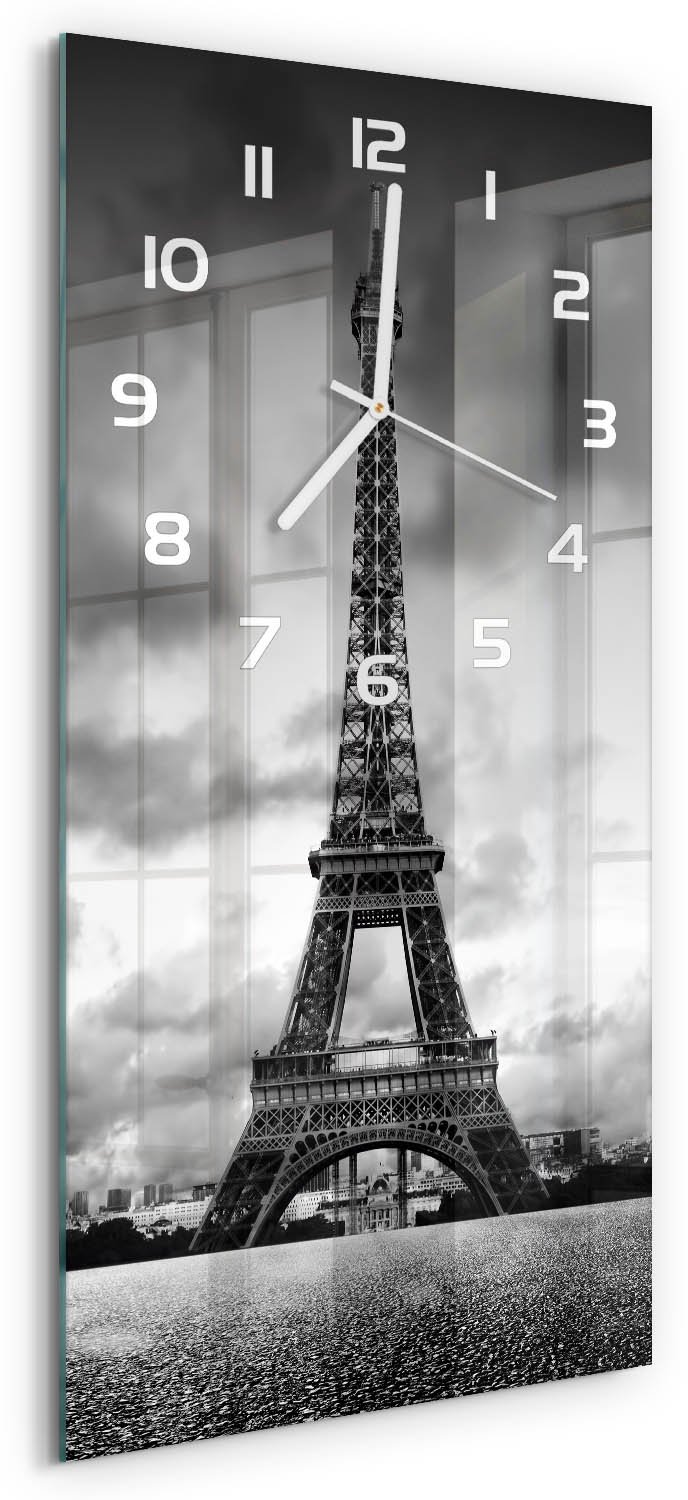 Tulup Wandklok - Eiffeltoren Parijs Moderne Wandklok Glas - 30x60 cm - Zwart-wit Wandklok Glas Decoratie - Witte handen - Rechthoekige Klok - Glazen Wandklok Design - Klok Glas Met Opdruk