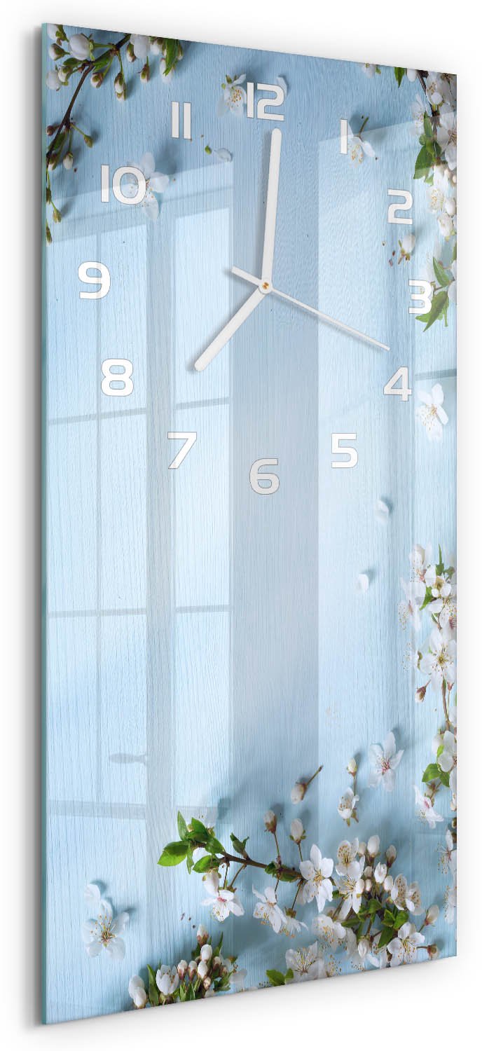 Tulup Wandklok - Kersenbloesem Klok Glas Met Opdruk - 30x60 cm - Blauw Moderne Wandklok Glas - Witte handen - Rechthoekige Klok - Decoratieve Glazen Klok - Glazen Wandklok Design