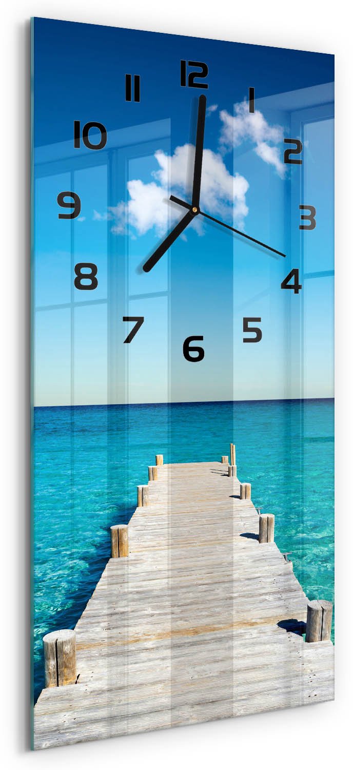 Tulup Wandklok - Houten brug Decoratieve Glazen Klok - 30x60 cm - Blauw Glazen Wandklok Design - Zwarte handen - Rechthoekige Klok - Glazen Klok Met Print - Wandklok Glas Met Motief
