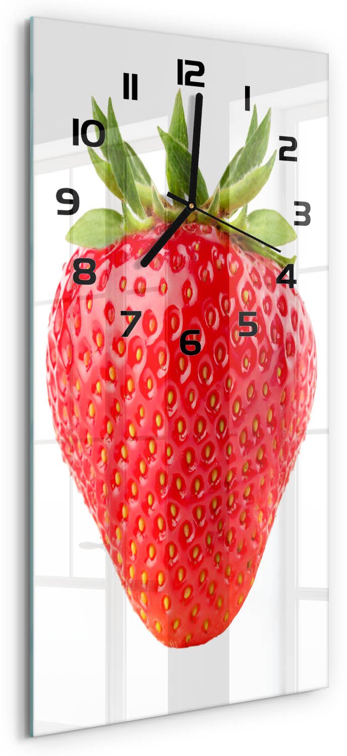 Tulup Wandklok - Aardbei Glazen Wandklok Design - 30x60 cm - Rood Klok Glas Met Opdruk - Zwarte handen - Rechthoekige Klok - Wandklok Glas Met Motief - Decoratieve Glazen Klok