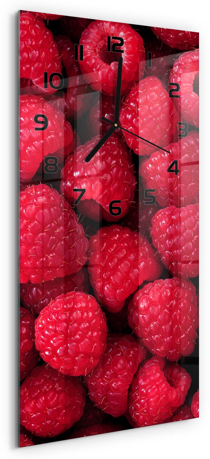 Tulup Wandklok - Frambozen Decoratieve Glazen Klok - 30x60 cm - Rood Glazen Wandklok Design - Zwarte handen - Rechthoekige Klok - Glazen Klok Met Print - Wandklok Glas Met Motief